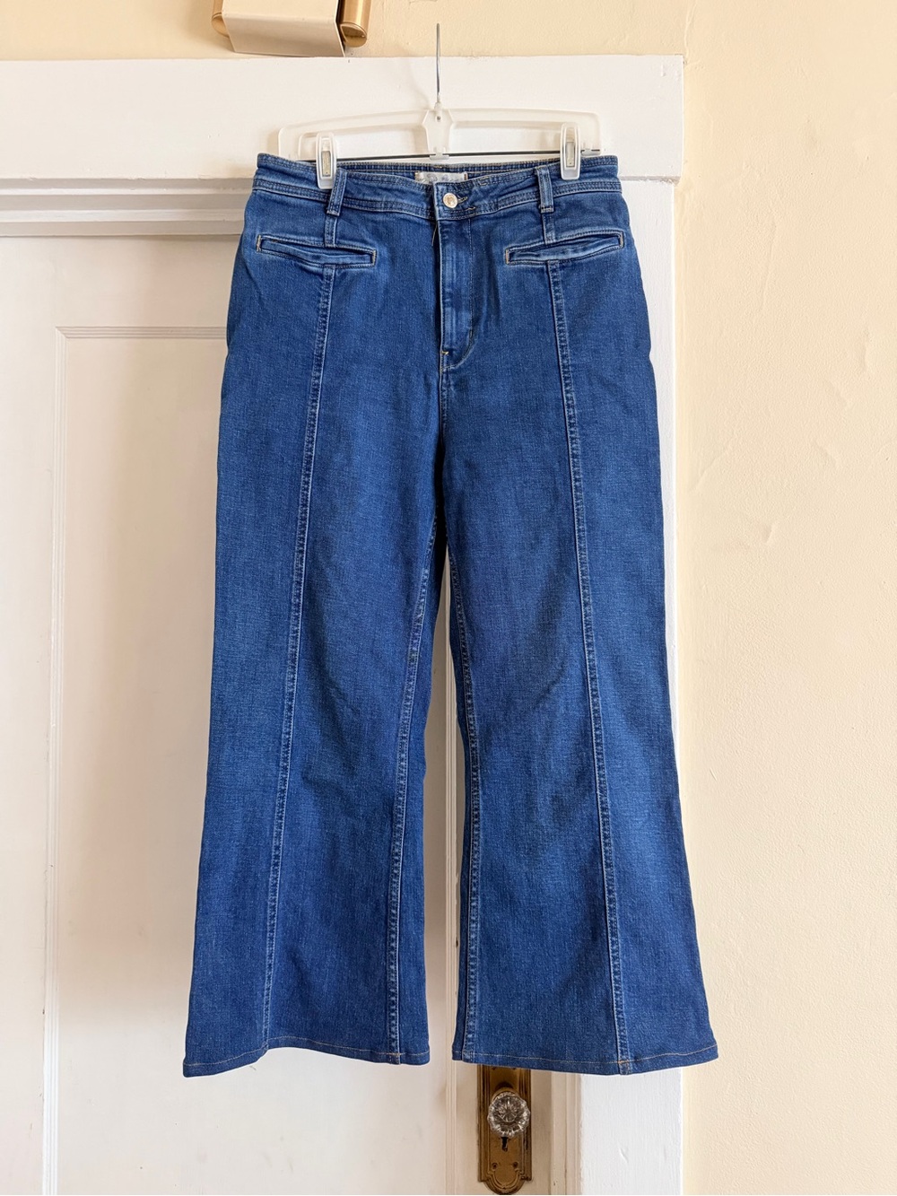 Free People Thirty-Two Star Patch Flare Jeans Blue Green Suede Size 31